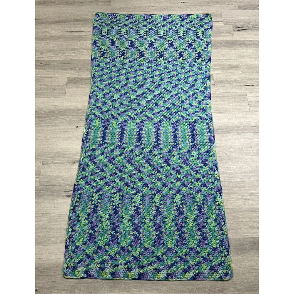 Handmade Crochet Throw Blanket Knit Lap Pastel Blue Purple Green Zig Zag 68 x 31